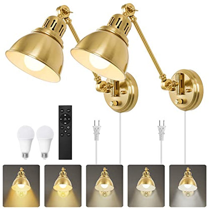 GOODATE Plug in Wall Sconces Set of Two with Remote, Stepless Colors 2700K-6500K & Stepless Dimming, Premium Golden Finish, Plug in Wall Light with Night Light & Timer, LED Bulbs Included - size: Gold-2 PACK(Bulbs+Remote)