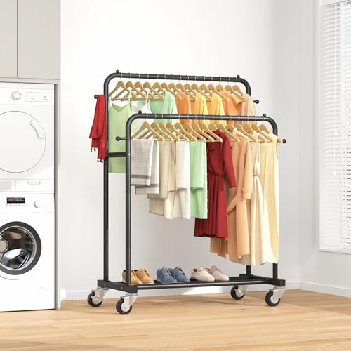 Laiensia Double Rods Garment Rack with Wheels, Clothing Rack for Hanging Clothes,4 Hooks, Multi-functional Bedroom Clothes Rack, Black - color: Black