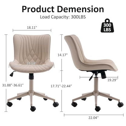 YOUTASTE All Cream Office Chair, Modern Armless Desk Chair with Back, Adjustable Swivel Rolling Faux Leather Task Chair with Wheels Metal Base for Home Office, Study, or Vanity - color: All Cream