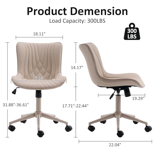 YOUTASTE All Cream Office Chair, Modern Armless Desk Chair with Back, Adjustable Swivel Rolling Faux Leather Task Chair with Wheels Metal Base for Home Office, Study, or Vanity - color: All Cream