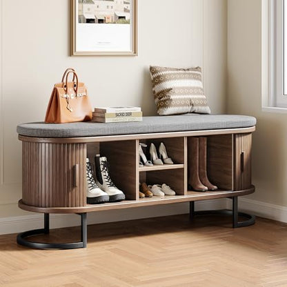 Decofy 47.2'' Entryway Storage Bench Seat with Sliding Door, Large Shoe Bench with Sturdy Metal Feet & Soft Cushion, Multi-Scene Use for Entrance, Bedroom & Living Room（Walnut） - color: Walnut