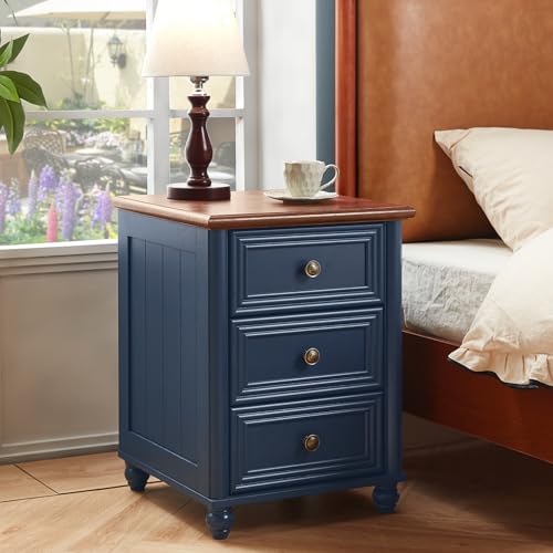 RWYHG 18" Night Stand Set 2, Nightstand with 3 Drawers | Farmhouse Modern Bedside Table, Solid Wood Legs, Metal Handles, Blue Bed Side End Tables for Bedroom Living Room - color: Navy Blue, style: 3 Drawers*2