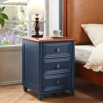 RWYHG 18" Night Stand with 3 Drawers, Farmhouse Modern Nightstand | Blue Farmhouse Modern Bedside Table, Open Storage Shelf, Solid Wood Legs, Bed Side End Tables for Bedroom Living Room - color: Navy Blue, style: 3 Drawers