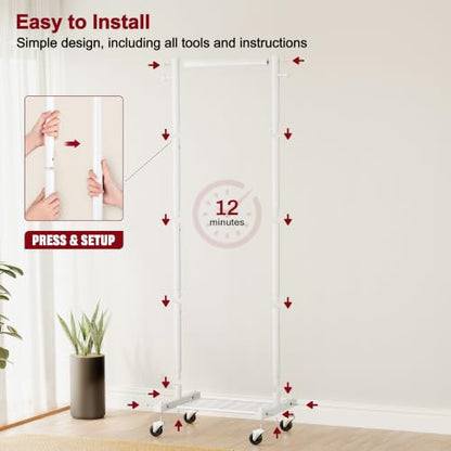 SLEEPING LAMB Small Clothes Racks for Hanging Clothes, Rolling Clothing Rack with Shelves, 60" Metal Garment Rack with Wheels Portable Wardrobe Rack for Small Space, White - color: White