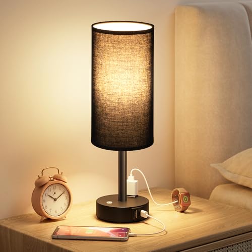 Black Touch Bedside Lamp for Bedroom, Stepless Dimmable, USB A+C, AC Outlet | Base Touch Button Only, Memory Brightness, Ultra-dim Night Light, Included Bulb for Optimal Dimming, Black Fabric Shade, Desk - color: Black & Black