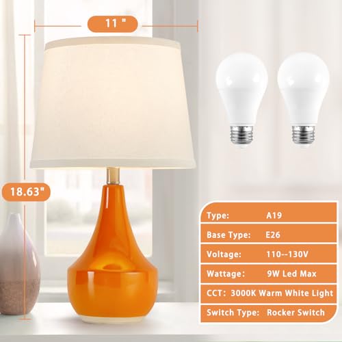 18" Table Lamp Set of 2, Ceramic Lamp Classic Beside Lamps Nightstand Lamp Modern Table Lamp for Living Room, Bedroom & Office Rocker Switch Orange-LED Bulbs Included - color: 18.63" Orange