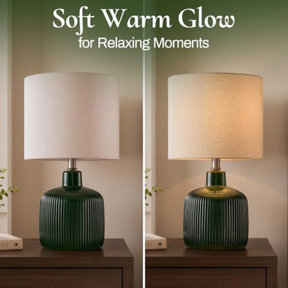 Glazed Ceramic Table Lamp, 17.5" Rustic Farmhouse Bedside Lamp with Beige Linen Shade, Warm Ambient Nightstand Lighting for Bedroom or Living Room, Dark Green Glossy