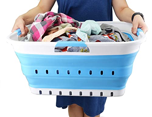 SAMMART 42L (11 gallon) Collapsible Plastic Laundry Basket - Foldable Pop Up Storage Container/Organizer - Portable Basket - Space Saving Hamper/Basket (2, White/Marine Blue) - color: White/Marine Blue