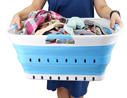SAMMART 42L (11 gallon) Collapsible Plastic Laundry Basket - Foldable Pop Up Storage Container/Organizer - Portable Basket - Space Saving Hamper/Basket (2, White/Marine Blue) - color: White/Marine Blue