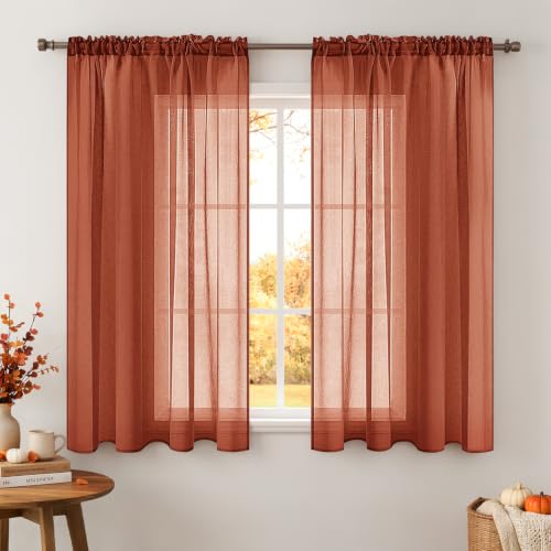 MIULEE Boho Fall Terracotta Linen Textured Sheer Curtains 42W×45L Kitchen | Semi Transparent, Farmhouse, Window Net Panels with Rod Pocket for Bedroom Living Room - color: Terracotta, size: 42"W x 45"L (Pack of 2)