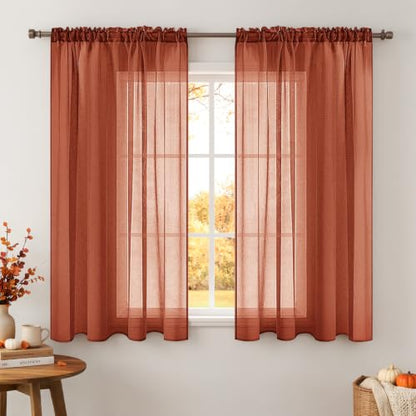 MIULEE Boho Fall Terracotta Linen Textured Sheer Curtains 42W×63L 2 Panels | Semi Transparent, Farmhouse, Window Net Panels with Rod Pocket for Bedroom Living Room - color: Terracotta, size: 42"W x 63"L (Pack of 2)