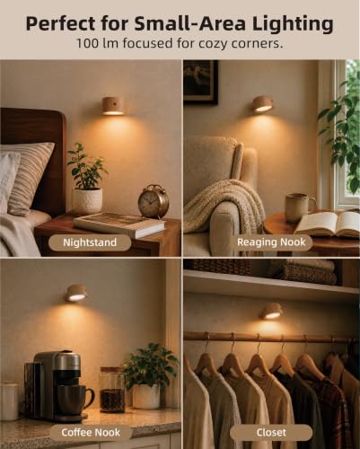 LED Wall Mounted Lights, Rechargeable Wall Sconces, 3 Color Temps, Remote & Touch, 360° Rotating and Dimmable for Bedroom, Bedside & Reading (Wood, 2 Pack) - color: Wood
