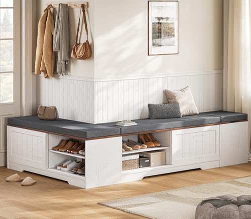 Farmhouse L Shaped Corner Shoe Storage Bench with Cushion Entryway Shoe Rack with Slide Barn Doors, Adjustable Shelf and 1 Cabinet for Entryway Dining Room, Kitchen, Bedroom (White-Brown)