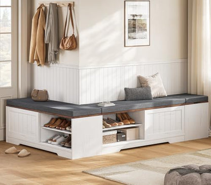 Farmhouse L Shaped Corner Shoe Storage Bench with Cushion Entryway Shoe Rack with Slide Barn Doors, Adjustable Shelf and 1 Cabinet for Entryway Dining Room, Kitchen, Bedroom (White-Brown)