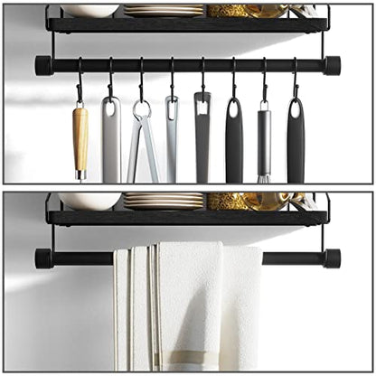 Alsonerbay Floating Shelf for Wall with Wooden Towel Bar, Black | 8 removable hooks, rustic finish, space-saving, holds utensils & mugs, easy installation, kitchen & bathroom use - color: Black