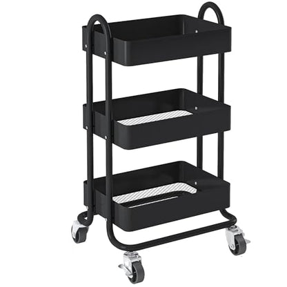 Metal Rolling Cart,3-Tier Metal Rolling Cart with Wheels,3 Tier Utility Cart with Wheels for Office,Home,Kitchen,Garden（13.4"x18.1"x31"） Black - color: Black, size: 31"H