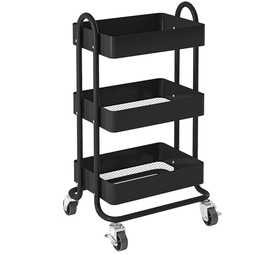 Metal Rolling Cart,3-Tier Metal Rolling Cart with Wheels,3 Tier Utility Cart with Wheels for Office,Home,Kitchen,Garden（13.4"x18.1"x31"） Black - color: Black, size: 31"H
