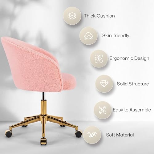 Faux Fur Makeup Vanity Chair,Home Office Desk Chair with Wheels, Blue | Fluffy Swivel Modern Armchair Upholstered Fuzzy Height Adjustable for Teens Women Girls Elegant for Living Room Bedroom - color: Round Pink+golden Base