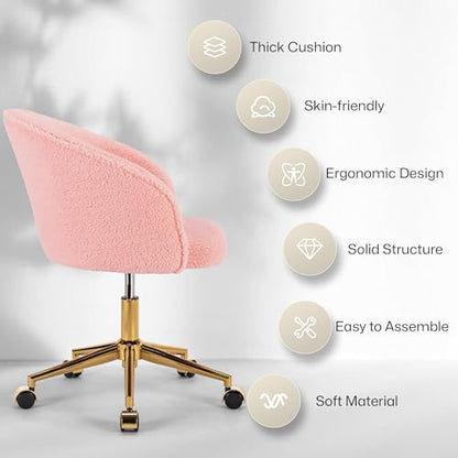 Faux Fur Makeup Vanity Chair,Home Office Desk Chair with Wheels, Blue | Fluffy Swivel Modern Armchair Upholstered Fuzzy Height Adjustable for Teens Women Girls Elegant for Living Room Bedroom - color: Round Pink+golden Base