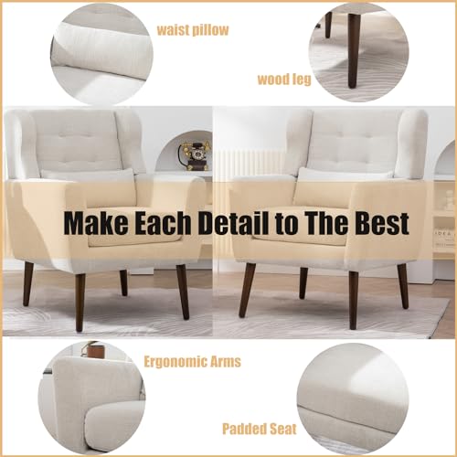 Accent Chair, Living Room Chairs with Solid Wood Legs & Pillow | Chairs Living Room with High Tufted Backrest, Reading Chair for Bedroom/Office, Chenille Fabric - color: Beige(a)