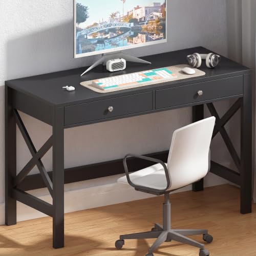 ChooChoo 40 Inches Farmhouse Computer Desk with 2 Drawers | Wooden Writing Desk, Study Desk for Home Office, Makeup Vanity, Black - color: Black, size: 40inch without Power Outlet