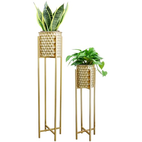 TRIROCKS Set of 2 Planters with Stand Indoor Outdoor Metal Gold Planters for Indoor Plants 30 &40" Tall Morden Planters Flower Pots for Living Room Corner Kitchen Office Garden Balcony Patio Decor - color: Gold