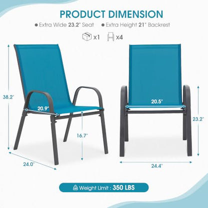 24.4" Wide Outdoor Patio Stackable Chairs Set of 4, Blue | Stacking Patio Chairs with Textilene Fabric, Outside Furniture for Garden Backyard Balconie Poolside Deck - color: 4 Blue Chairs