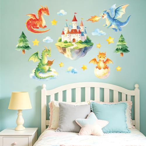 Cartoon Dragon and Castle Wall Decals, Wall Stickers Decor | 2 Sheets 11.8"x37.8" Vinyl Removable Peel and Stick Murals, Plant Decor for Bedroom, Bathroom, Office, Classroom & Home - style: Cartoon Dragon and Castle