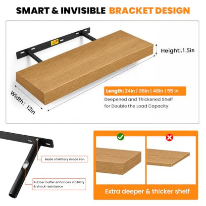 RICHER HOUSE 55 Inch Long Floating Shelves, 12" Deep Wood Wall Shelf, Oak | Wide Wall Shelves for Bedroom Kitchen Bathroom Wall Mounted Shelves, Wooden Bookshelf with Invisible Bracket, Oak, 2 Pack - color: Oak, size: 55in
