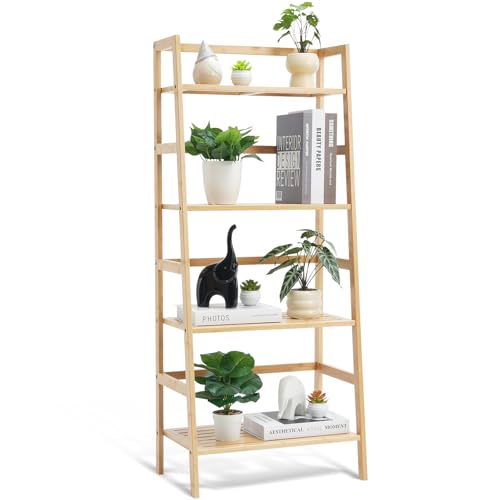 VEVOR 4-Tier Bamboo Ladder Shelf, Trapezoid Open Bookcase, Display Storage Rack Organizer, Freestanding Flower Plant Stand, Ladder Bookshelf Ideal for Bathroom, Bedroom, Office, Study, Natural - style: 4-Tier