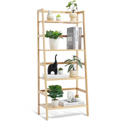 VEVOR 4-Tier Bamboo Ladder Shelf, Trapezoid Open Bookcase, Display Storage Rack Organizer, Freestanding Flower Plant Stand, Ladder Bookshelf Ideal for Bathroom, Bedroom, Office, Study, Natural - style: 4-Tier