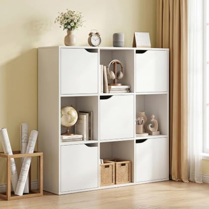 Giantex 9-Cube Storage Organizer, Storage Cabinet with 4 Open Cubes and 5 Cabinets, Freestanding Wooden Cubby Bookcase, Compartment Units for Home Office, 3-Tier Bookshelf for Books | Wooden Storage Cabinet, 4-Tier Freestanding Cubby Bookcase, Compartment