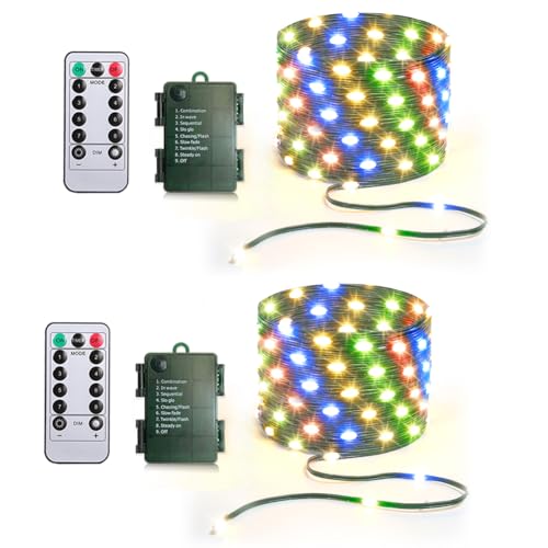 Battery Operated String Lights (2 Pack), 16.5ft 50 LED Fairy String Lights Battery Powered with Remote & Timer for Indoor Outdoor Christmas Trees Wreath Decoration Bedroom Patio - Multicolor - color: Green Wire - Multi