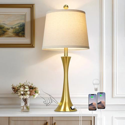 Rinweey 27.5" Gold Lamps for Living Room, Touch Control 3-Way Dimmable Bedside Nightstand Lamps Bedroom Lamp,Modern Gold Table Lamp with USB A+C Ports,Tall Lamps for Living Room End Table（1Pack） - color: Gold (1 Pack)