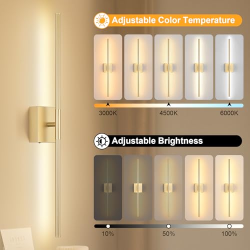 Battery Operated Wall Sconce, 3000K-6000K Dimmable Gold Wall Lights with Remote Control, Timable LED Wireless Wall Sconces, 350° Ratate for Bathroom, Living Room, Hallway 29.1 Inch 1 Pack - color: Gold, size: 29.1in(1 Pack)