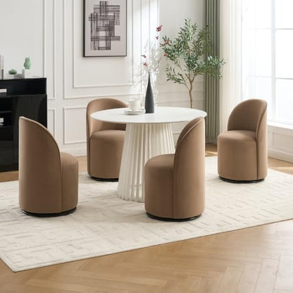 Penau Swivel Dining Chair, Velvet Barrel Seat, Brown | Velvet Upholstery, 360 Degree Swivel, Curved Backrest, Compact Seating For Dining Room And Vanity