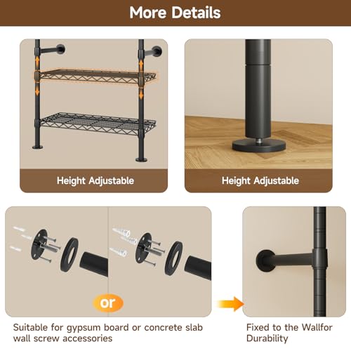 H6 Wall Mounted Closet System, Industrial Pipe Clothes Rack, Black | Metal Clothing Rack with 6 Telescopic Rods & 3 Fixing Rods & 9 Shelves, Heavy Duty Closet Organizers and Storage in Wardrobe - color: Black