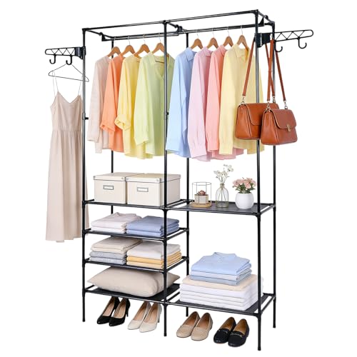 Clothes Rack, Multifunctional Metal Freestanding Garment Racks Closet Wardrobe Rack Organizer for Hanging Clothes Bedroom Laundry Living Room - size: Black 14.2"D x 42.1"W x 66.1"H