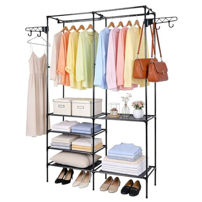 Clothes Rack, Multifunctional Metal Freestanding Garment Racks Closet Wardrobe Rack Organizer for Hanging Clothes Bedroom Laundry Living Room - size: Black 14.2"D x 42.1"W x 66.1"H