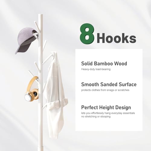 kiplant Coat Rack Stand with 8 Hooks, Adjustable Coat Standing Tree Easy Assembly for Coats, Hats, Scarves and Handbags for Entryway, Hallway, Bedroom, Office (Bamboo, White) - color: White