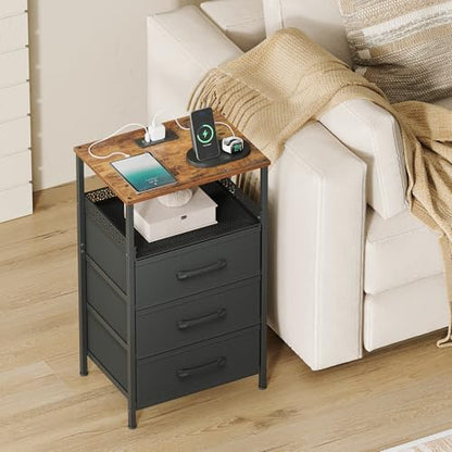 JARHETUN Nightstand Set of 2, Night Stands with Charging Station, 26.4 Inch Tall Bedside Table with Metal Shelf, Modern Side End Table with 3 Fabirc Drawers, Small Dresser for Bedroom, Rustic Brown - color: Rustic Brown, style: Power