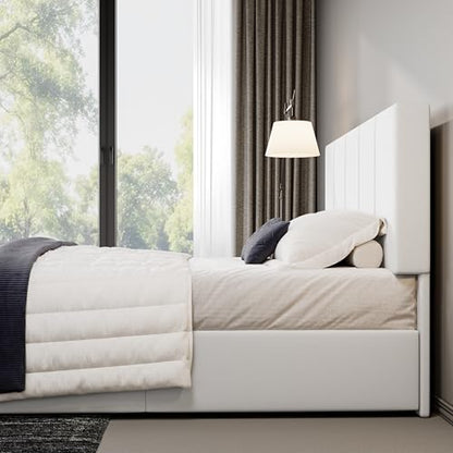 Allewie Full Size Dutch Velvet Upholstered Platform Bed Frame/Vertical Channel Tufted Adjustable Headboard/Low Profile Bed Frame/No Box Spring Needed/Easy Assembly/White - color: White, size: Full