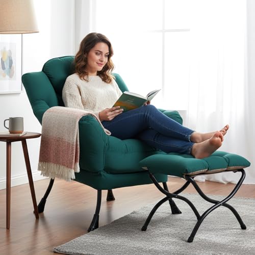 Modern Lazy Chair with Ottoman Lounge Accent Reading Chair for Living Room | Foldable Footstool,Removable Cover,Soft Padded Seat & Backrest,Upholstered Comfy Chair for Bedroom,Dorm,Office,Small Space - color: Dark Green
