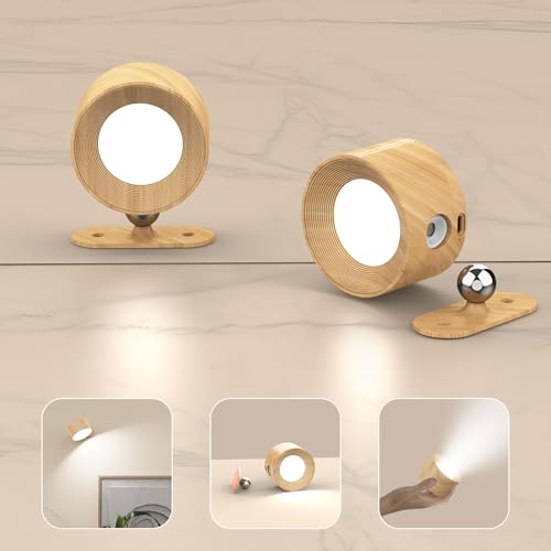 AKSDA Battery Operated Wall Sconces Set of 2, Magnetic Cordless LED Wall Lights with 3 Color Temp & Dimmable Touch Control, 360° Rotating Rechargeable Wall Lamp, Reading Light for Bedroom & Bedside - color: Wood-2PC