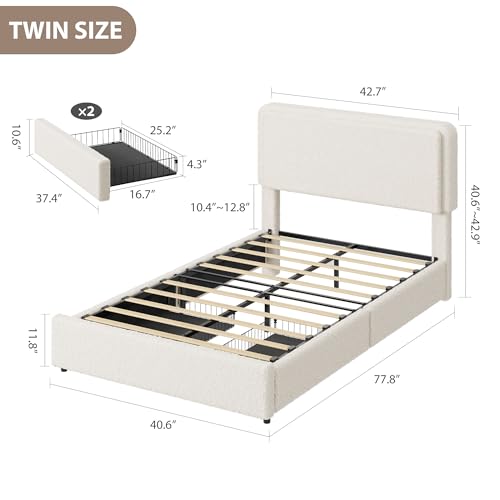 GarveeHome Bed Frame with 2 Storage Drawer, Cream Beige, Twin | Teddy Fleece Thick Upholstered Platform Bed Frame with Adjustable Headboard, No Box Spring Needed - size: Twin