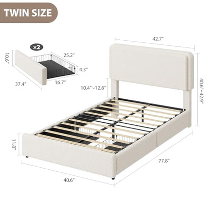 GarveeHome Bed Frame with 2 Storage Drawer, Cream Beige, Twin | Teddy Fleece Thick Upholstered Platform Bed Frame with Adjustable Headboard, No Box Spring Needed - size: Twin