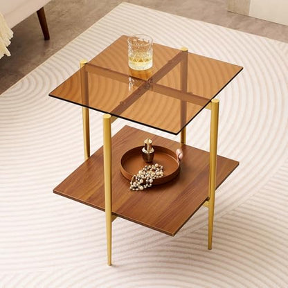 LumFurn Square Glass End Table, Mid-Century Modern Side Table for Living Room, L18xW18xH23inch, Clear Glass and Walnut MDF Wood, Gold Finish Frame - color: L18" Amber & Walnut