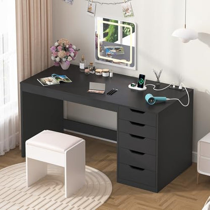 47 Inch Small Computer Desk with 5 Drawers and Outlets for Home Office | Home Office Desks with Storage File Cabinet and Charging Station, Modern Simple Laptop Desk Writing Table, Black - color: Black