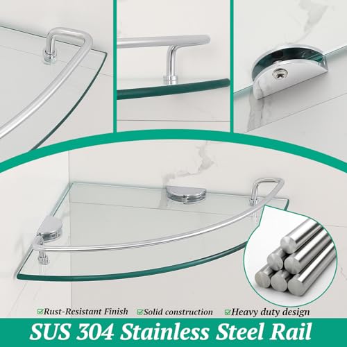 2 Ties Glass Corner Shelf with SUS 304 Stainless Steel Rail Chrome Finished, Esquinero para baños, Rustproof Tempered Glass Shelf, Shower Caddy Organizer 9.8" x 9.8" - size: 2 PACK With Rail