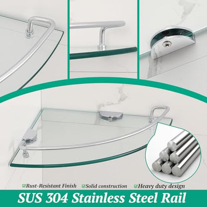2 Ties Glass Corner Shelf with SUS 304 Stainless Steel Rail Chrome Finished, Esquinero para baños, Rustproof Tempered Glass Shelf, Shower Caddy Organizer 9.8" x 9.8" - size: 2 PACK With Rail